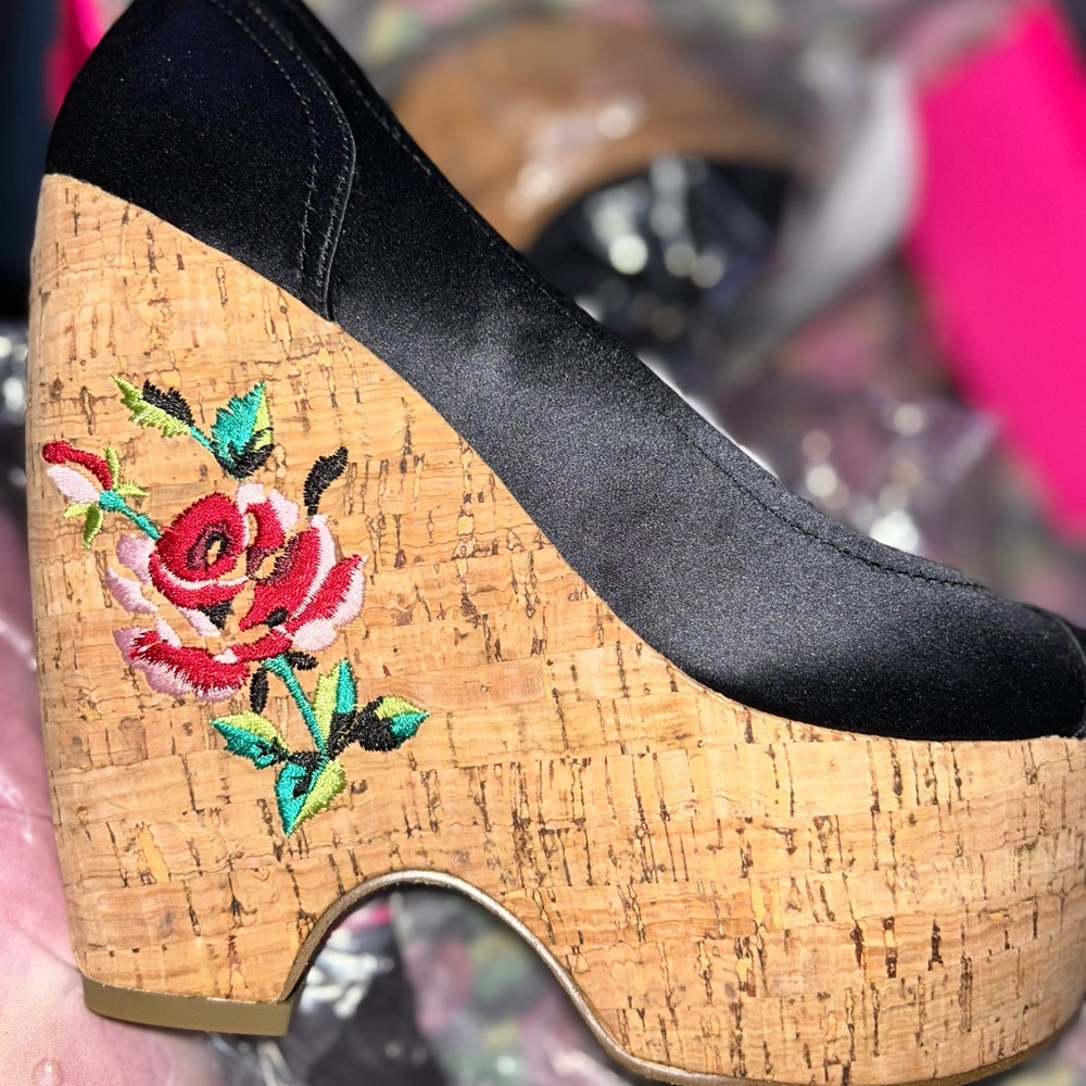 Betsey Johnson Black Satin Cork Wedges with Red Rose Embroidery